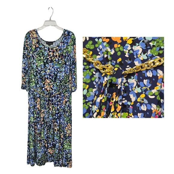 DN Design Ditsy Floral Print Maxi Dress Womens Plus 18  Chain Gold Belted - Picture 1 of 9